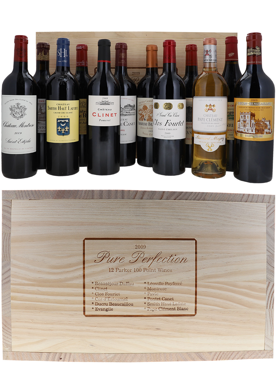 2009 Pure Perfection 1.200 Punkte Bordeaux 12er Holzkiste (je 1x Beauséjour Duffau, Clinet, Clos Fourtet, Cos d'Estournel, Ducru-Beaucaillou, L'Evangile, Léoville-Poyferré, Montrose, Pavie, Pontet-Canet, Smith-Haut-Lafitte & Pape-Clément Blanc)